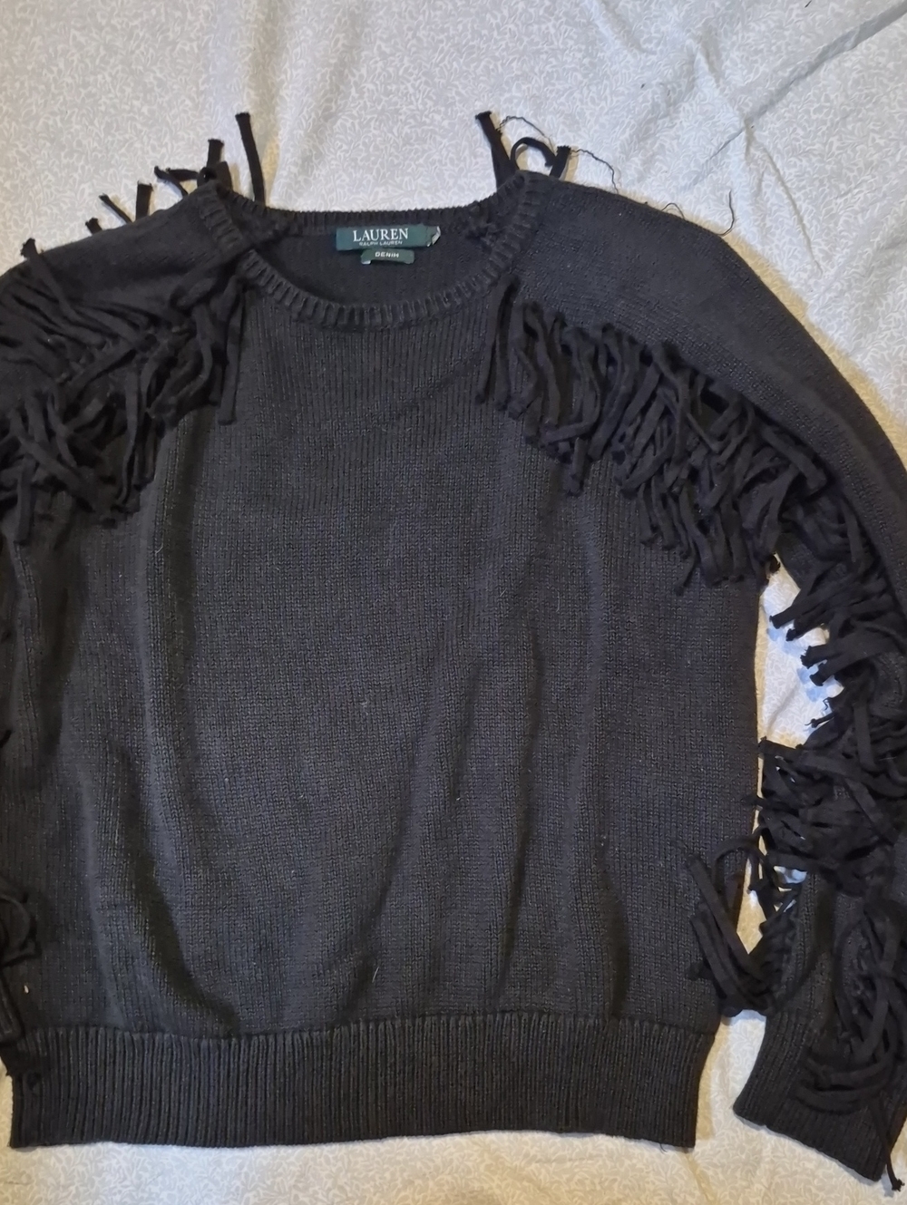 Lauren Ralph Lauren Black Fringed Crewneck Sweater